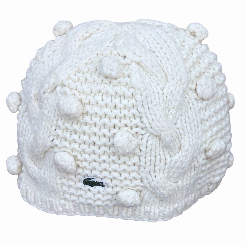 Lacoste Wool White Beanie Hat Cap Pom Pom Knit Logo Alligator Crocodile France